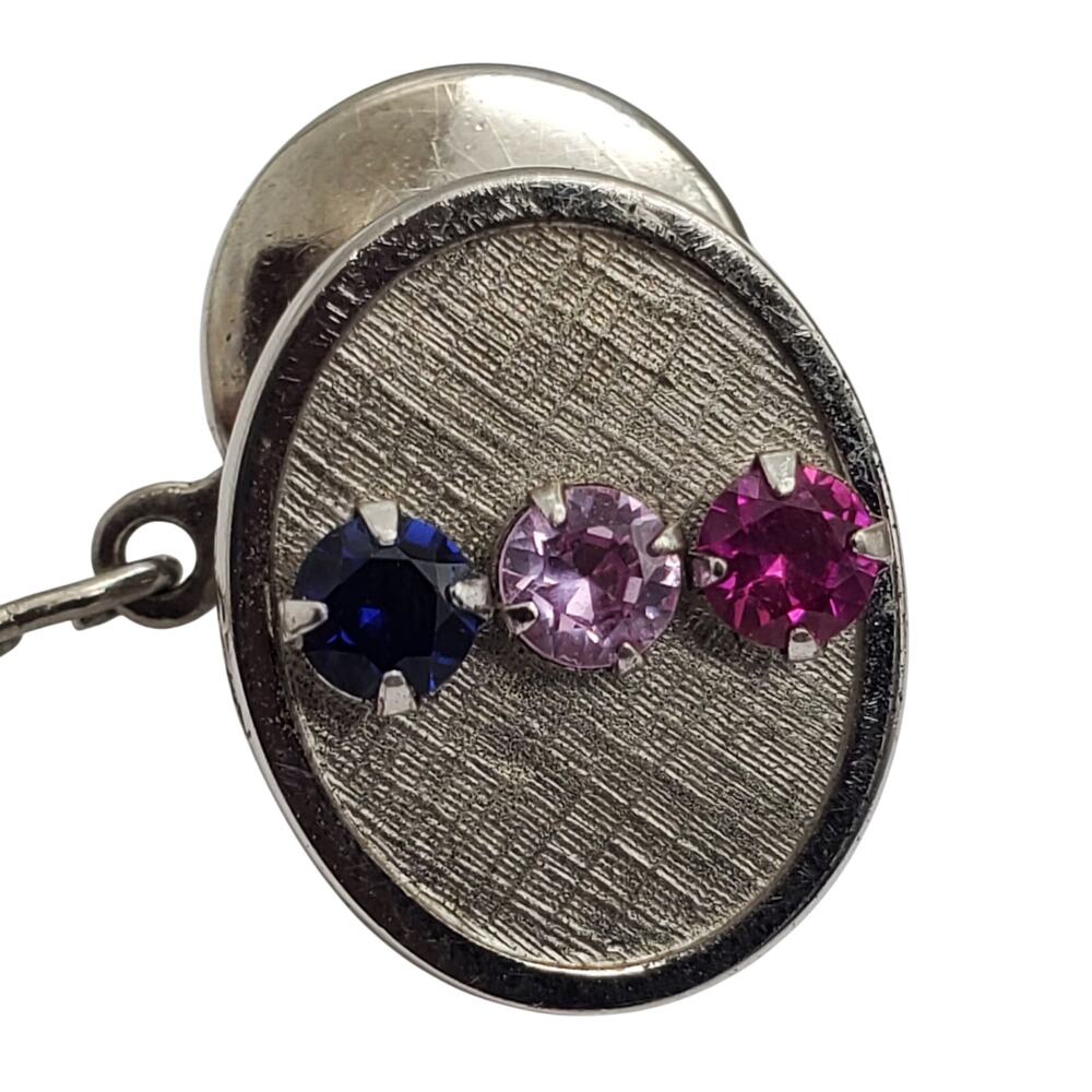 Sterling Silver Oval Tie Tack Blue Pink Purple Vintage Mens Gift MCM Pin Tac